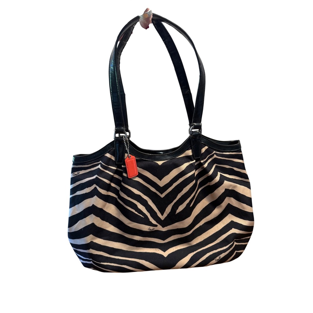 Coach Zebra Print Canvas Tote Bag Black Cream Leather Trim Shoulder Bag